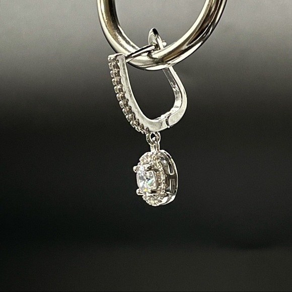 925 Sterling Silver‎ Diamond Halo Dangle Earrings - Picture 6 of 12